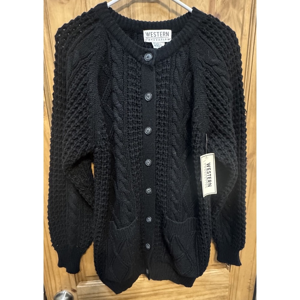 Western Connection Black Cable‎ Knit Cardigan Sweater L NWT Chunky Cozy Cottage